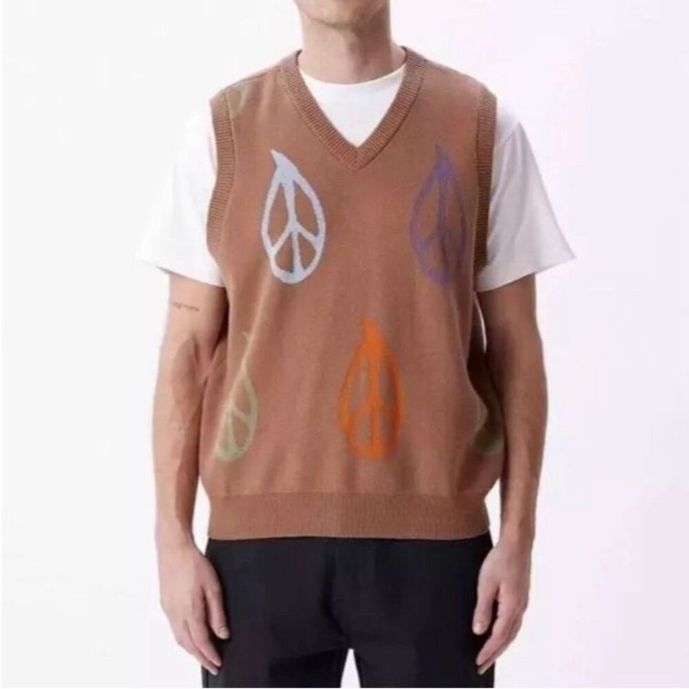 Obey Peace Sweater Vest 100% Cotton V-neck Brown knit pull over Small #500